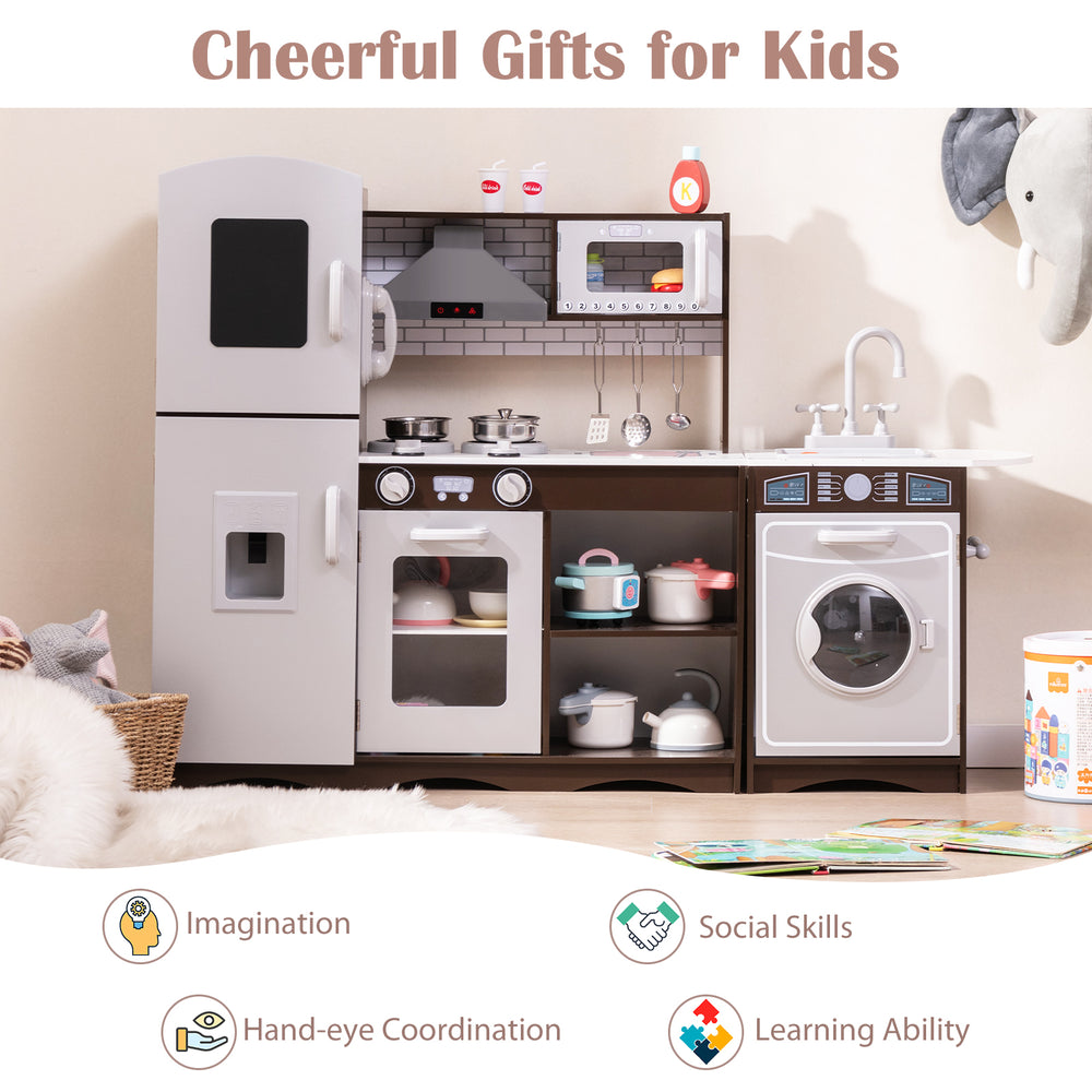 Corner toy kitchen set in dark brown with interactive lights and sounds, promoting imagination and social skills for.