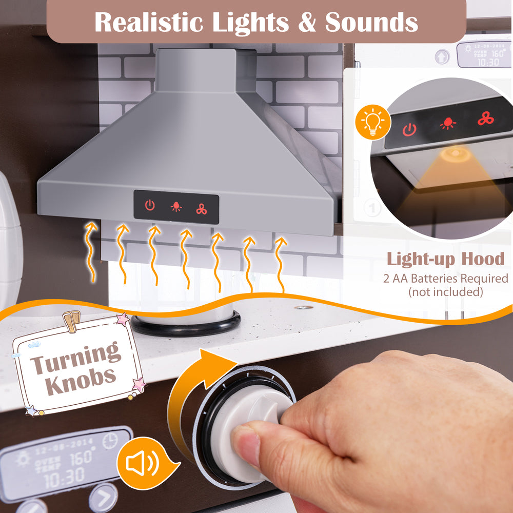 Interactive dark brown toy kitchen set featuring a light-up hood, realistic sounds, and turning knobs for imaginative.