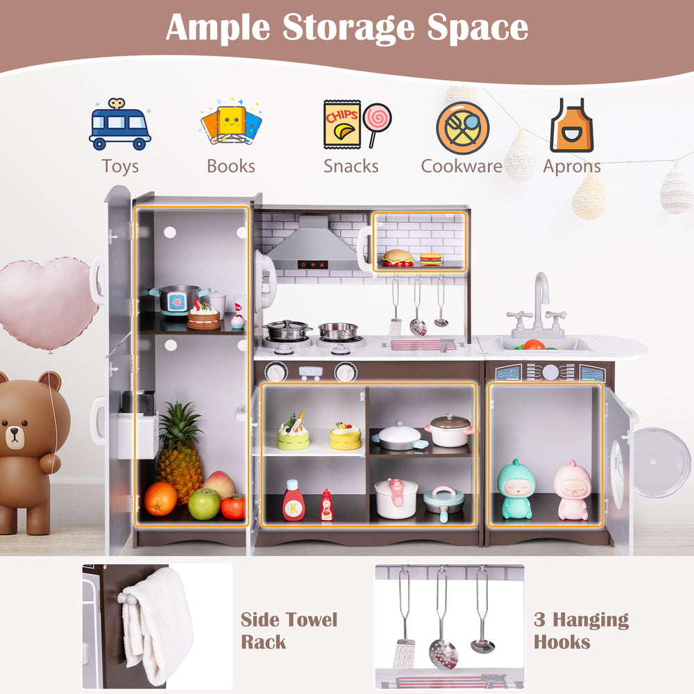 Corner toy kitchen set in dark brown with interactive lights and sounds, featuring ample storage and realistic.