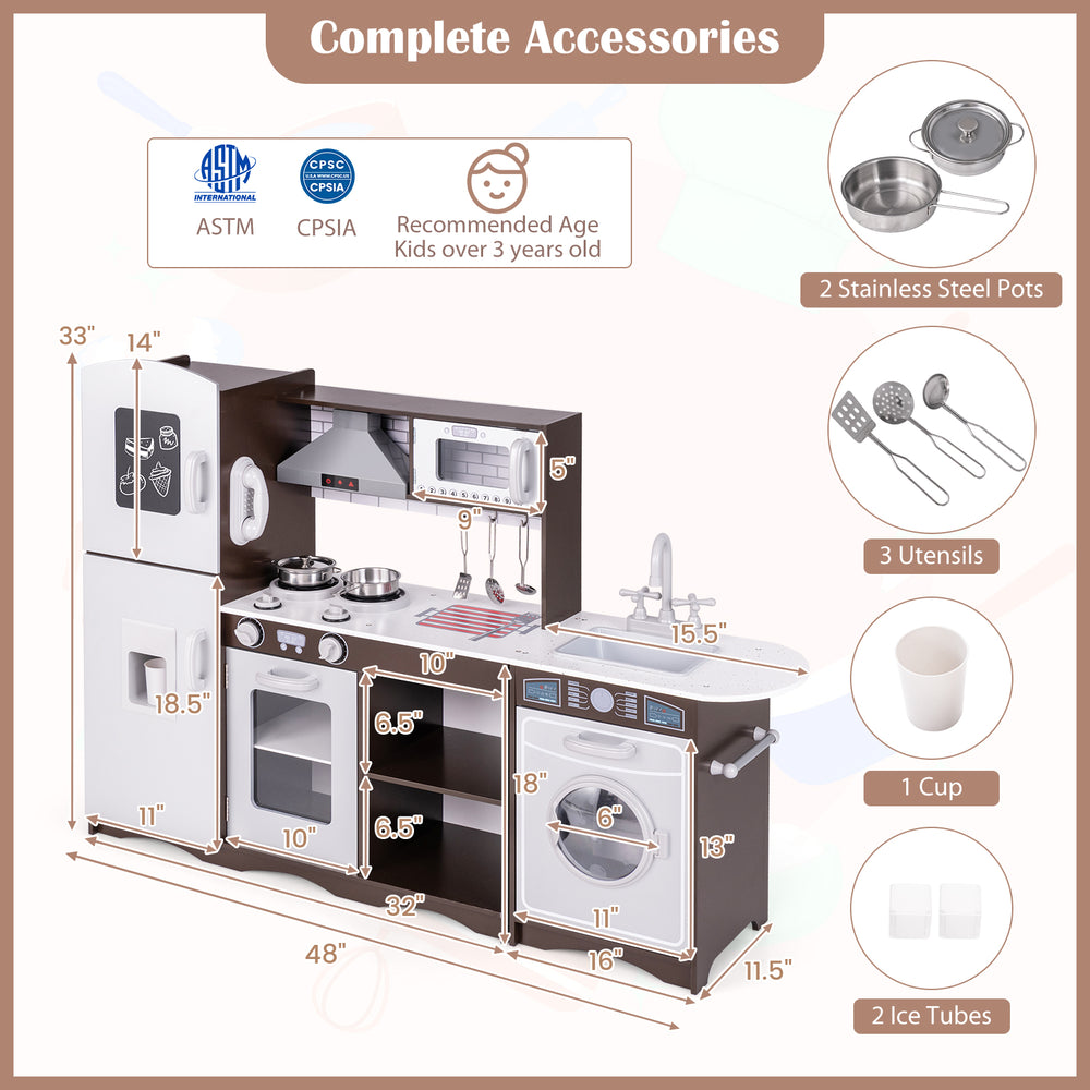 Corner toy kitchen set in dark brown with interactive lights and sounds, featuring a stove, oven, and removable sink.