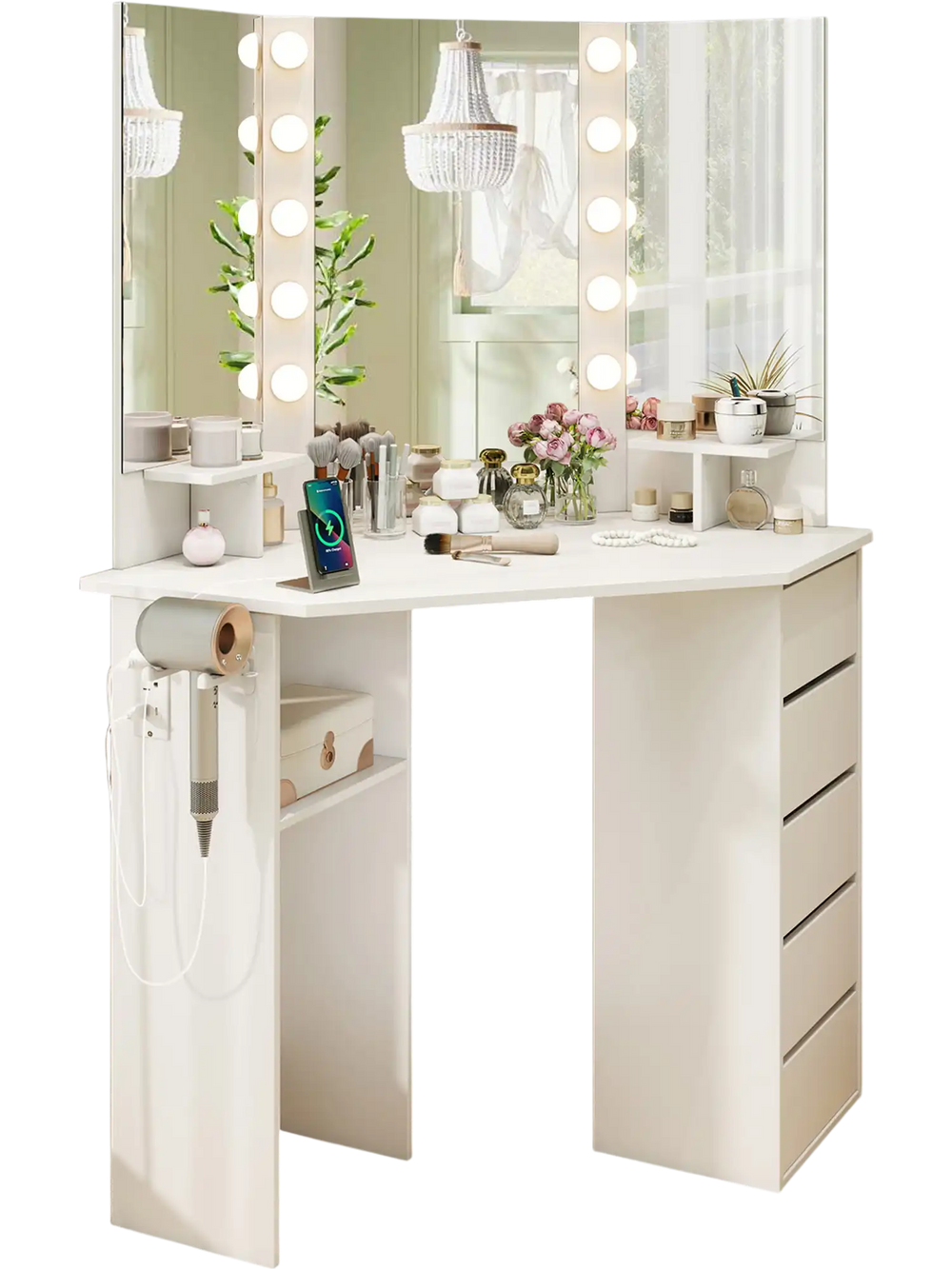 Corner vanity desk in white with a lighted mirror, adjustable brightness, and ample storage for efficient space use.