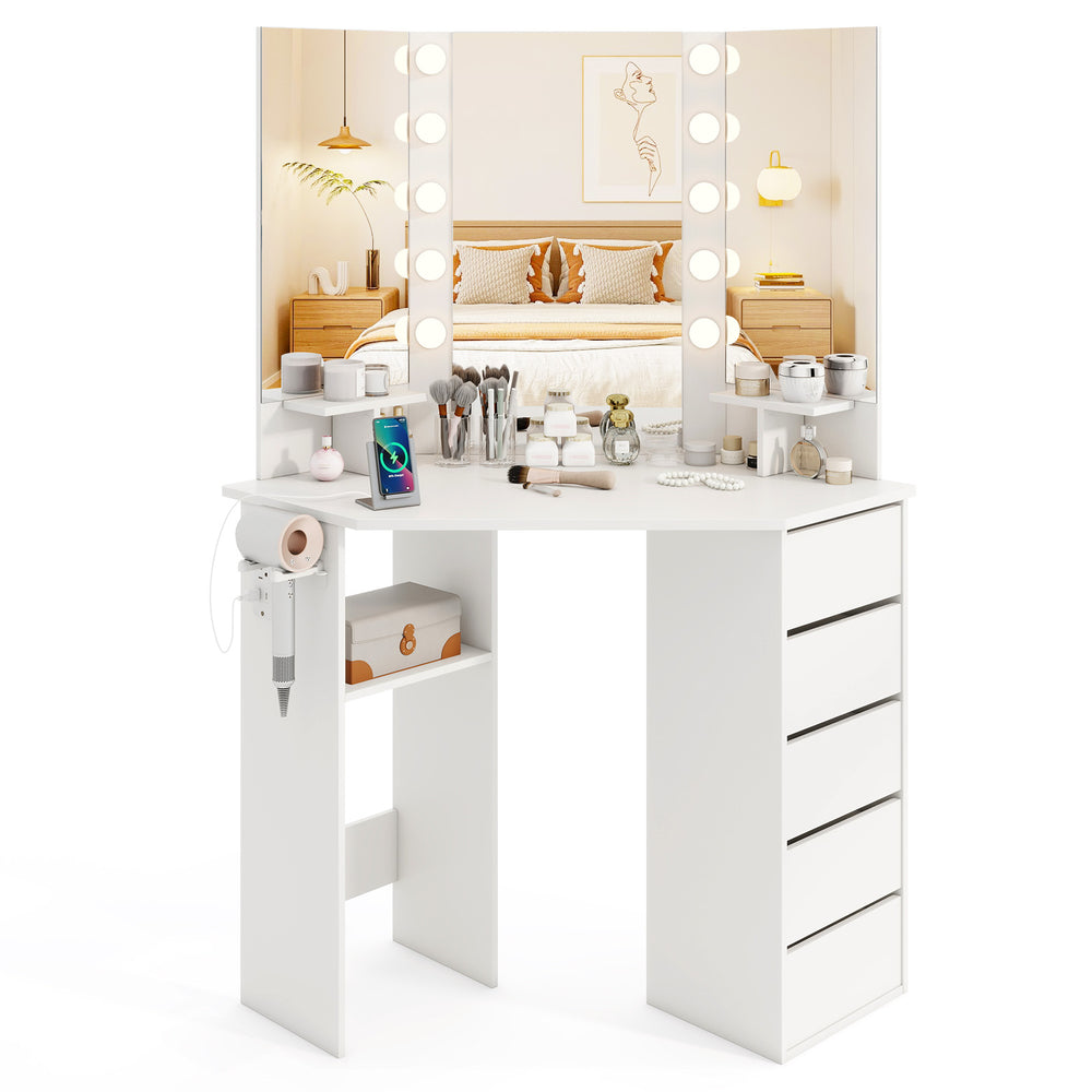 Corner vanity desk in white with 3-color LED lighted mirror, storage drawers, and built-in power outlets for efficient.