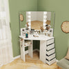 Corner vanity desk in white with LED lighted mirror, storage drawers, and power outlets for efficient space use.