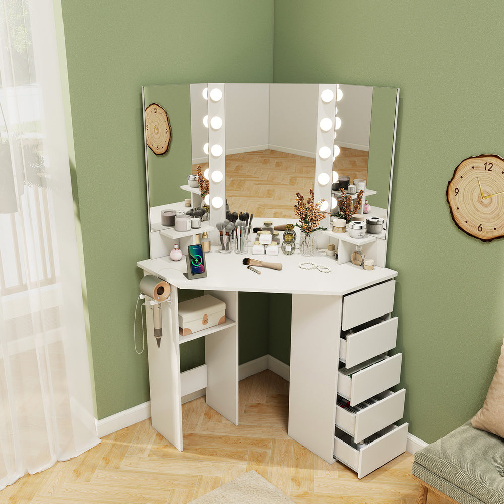 Corner vanity desk in white with LED lighted mirror, storage drawers, and power outlets for efficient space use.