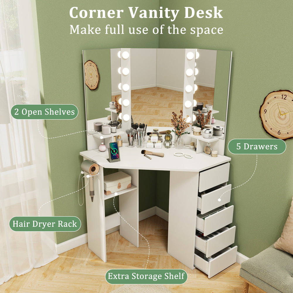 Corner vanity desk in white with LED lighted mirror, 5 drawers, and 2 open shelves for efficient space use.