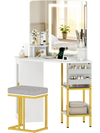 Corner vanity desk with triple mirror and adjustable lighting, featuring storage for cosmetics and a comfortable stool.