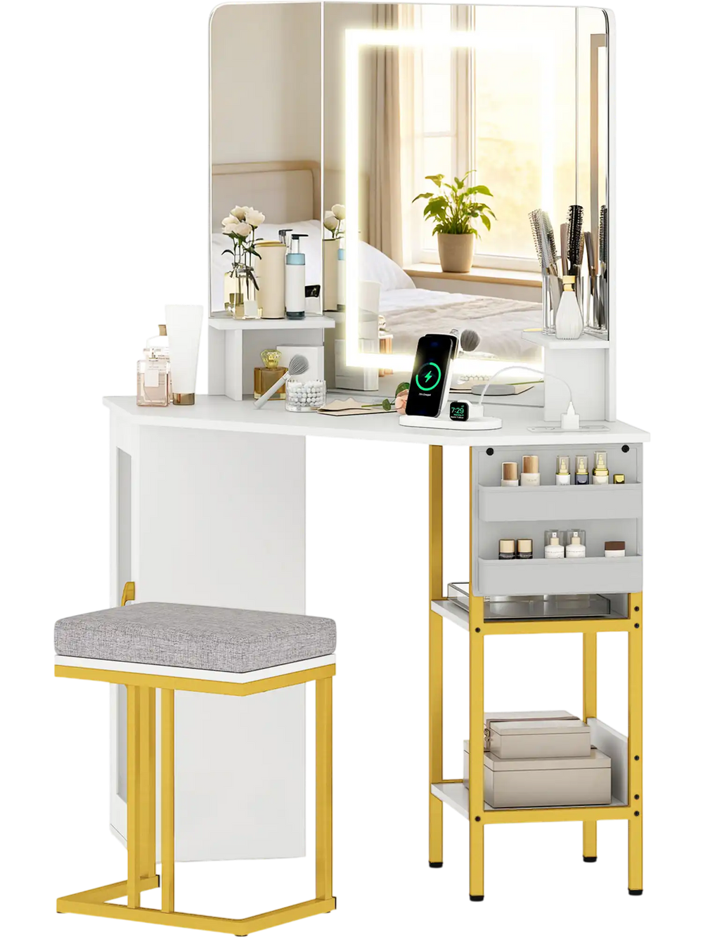 Corner vanity desk with triple mirror and adjustable lighting, featuring storage for cosmetics and a comfortable stool.