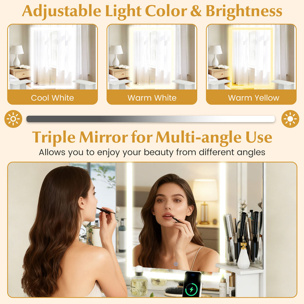 Corner vanity desk with triple mirror and adjustable lights, perfect for makeup application and space-saving storage.