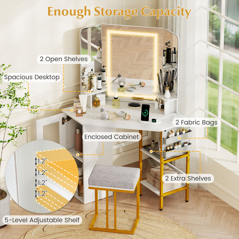 Corner vanity desk with triple mirror, adjustable lights, and ample storage for cosmetics and beauty tools.