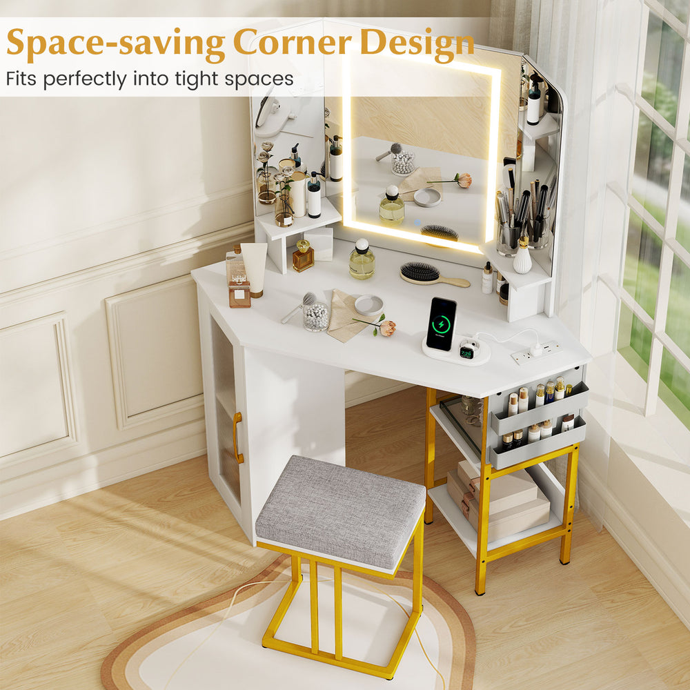 Corner vanity desk with triple mirror and lights, featuring space-saving design and storage for cosmetics and beauty.