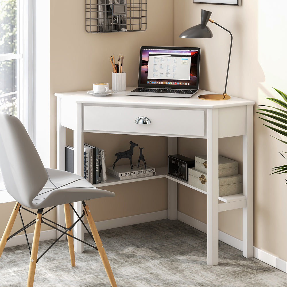 Corner Wooden Piece Laptop Computer Desk-White - Gallery View 1 of 9