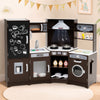 Corner wooden play kitchen set in espresso with lights, sounds, and multiple accessories for imaginative play.