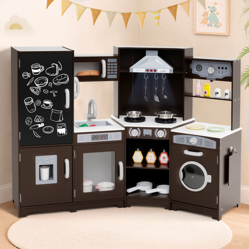 Corner wooden play kitchen set in espresso with lights, sounds, and multiple accessories for imaginative play.