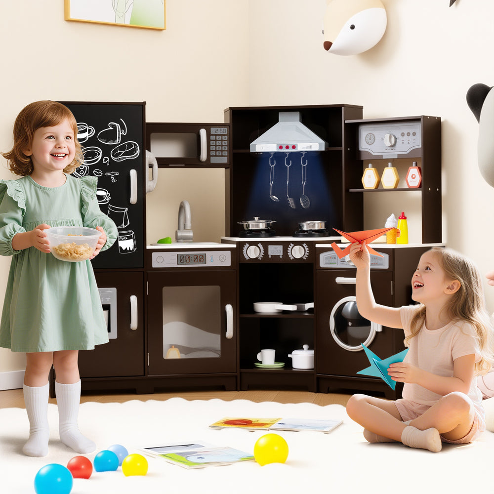 Children playing with the espresso corner wooden play kitchen set featuring lights, sounds, and various accessories.