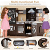 Corner wooden play kitchen set with lights and sounds, featuring a microwave, coffee maker, and storage for imaginative.