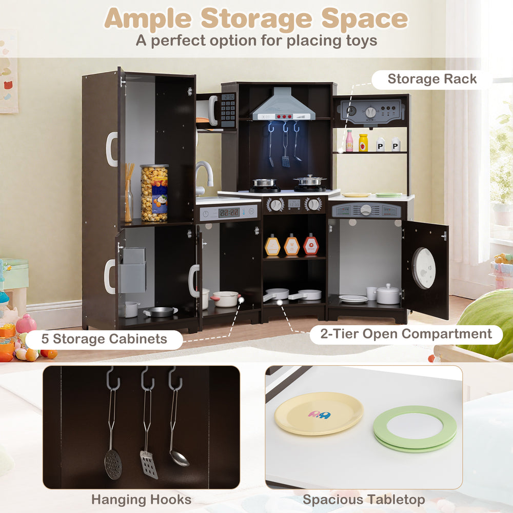 Corner wooden play kitchen set in espresso with storage cabinets, lights, sounds, and accessories for imaginative play.