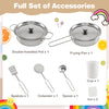 Double-handled pot and frying pan with spatula, colander, spoon, cup, and ice for the Corner Wooden Play Kitchen set.