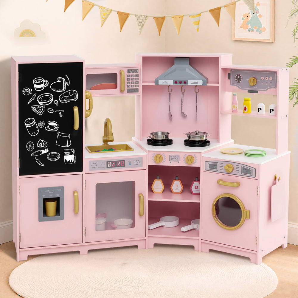 Corner Wooden Play Kitchen with Lights and Sounds Large Pretend Play Kitchen Set-Pink - Gallery View 1 of 9