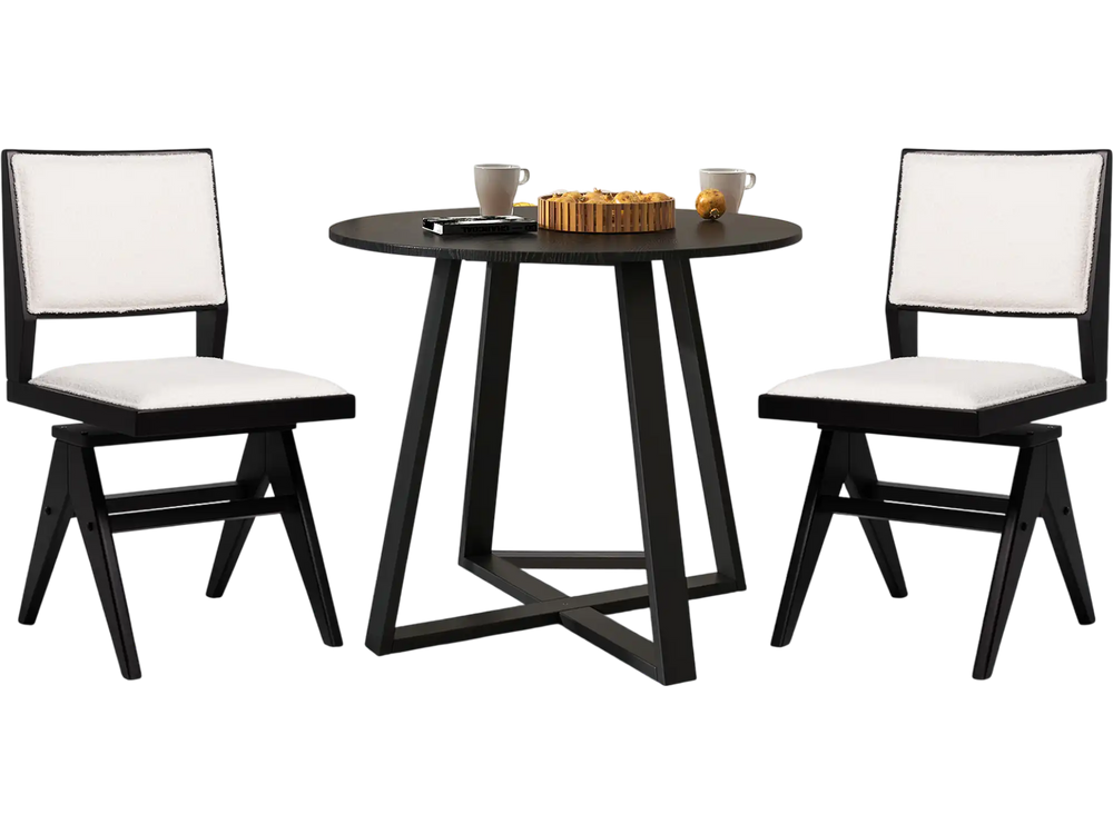 Set of 2 swivel dining chairs with rubber wood frame and white faux sherpa upholstery, perfect for kitchen or cafe.