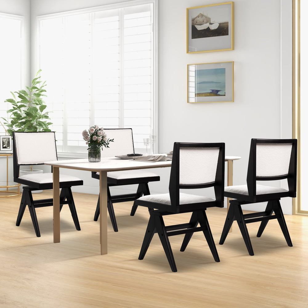 Swivel wooden dining chair set with black rubber wood frame and white faux sherpa upholstery, ideal for stylish dining.