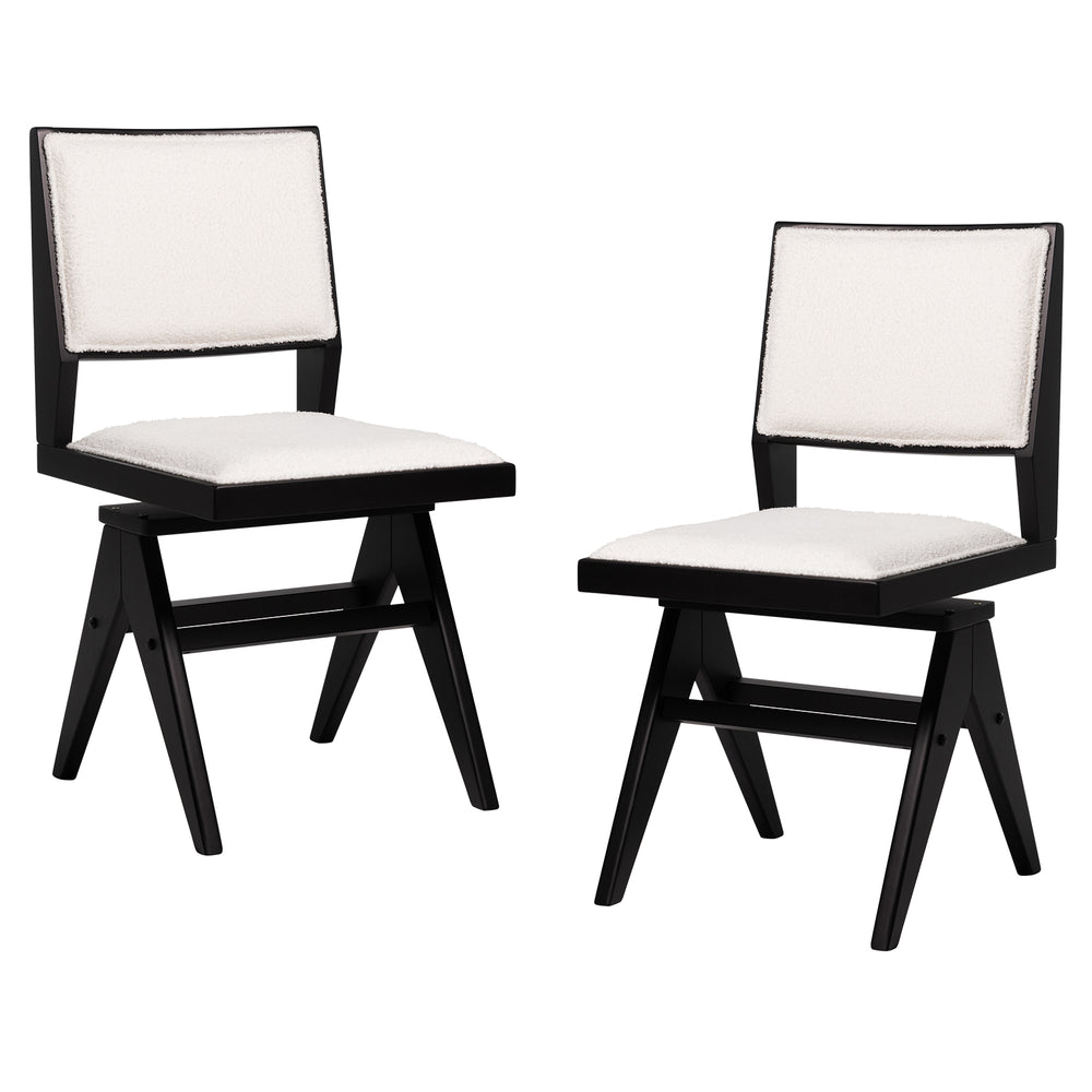 Set of 2 swivel wooden dining chairs with black rubber wood frame and white faux sherpa upholstery for stylish seating.