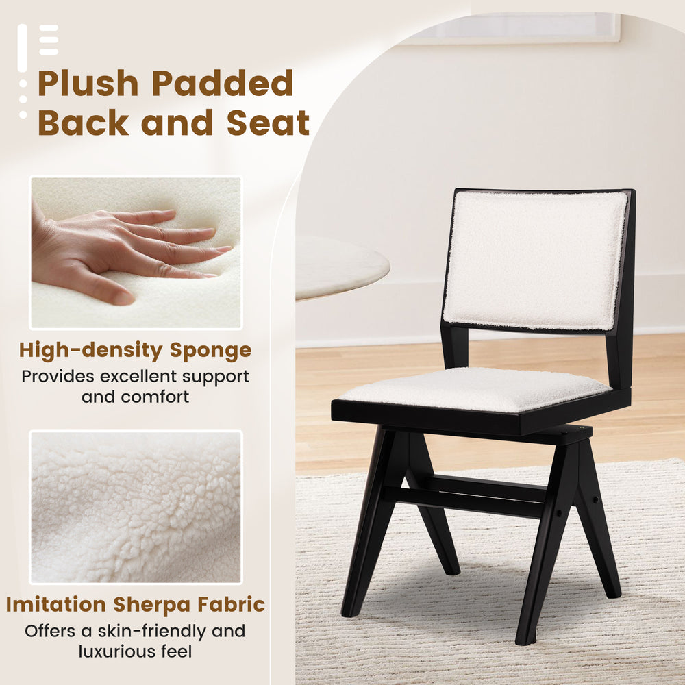 Swivel dining chair with padded seat and faux sherpa fabric, featuring a sturdy rubber wood frame for versatile use.