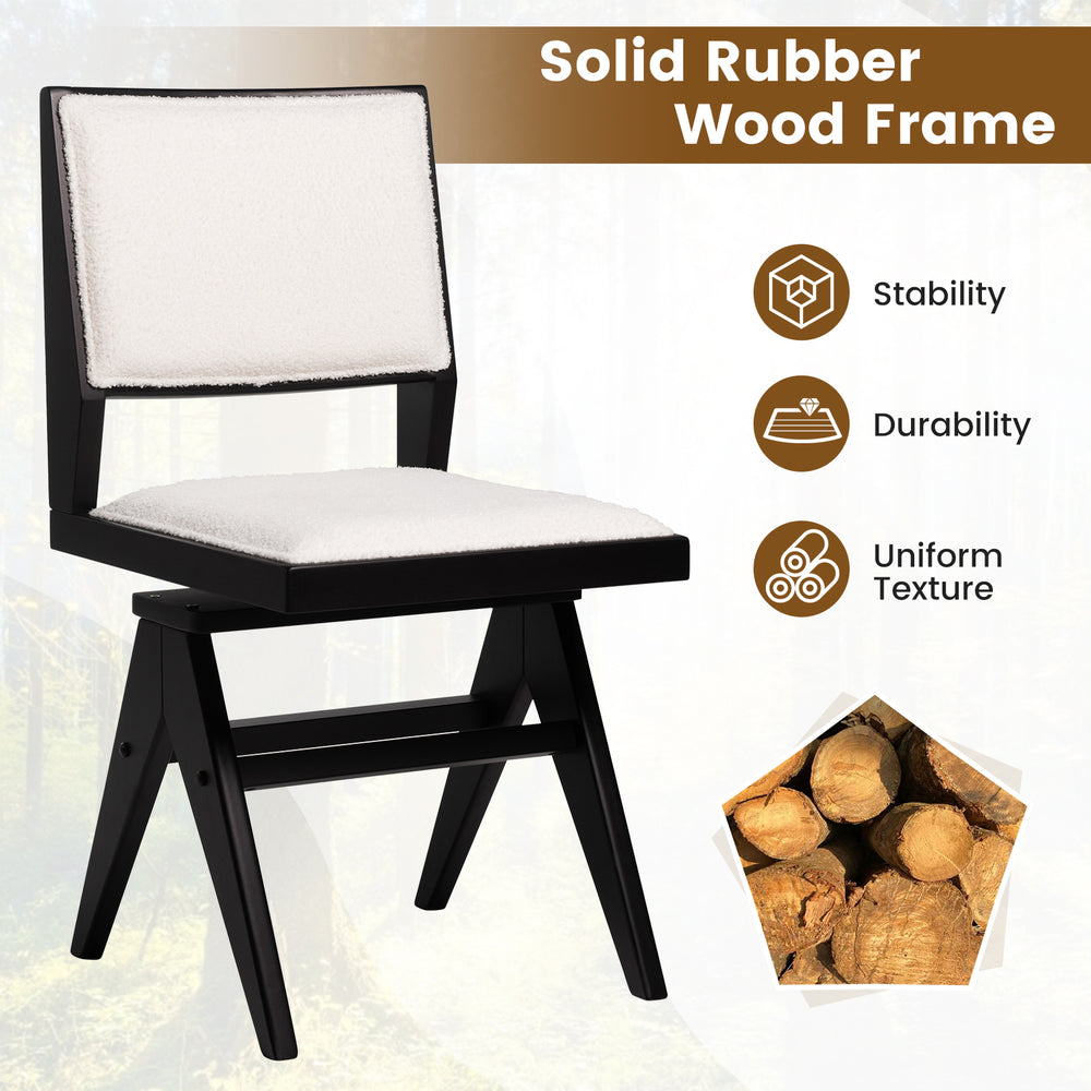 Swivel dining chair with black rubber wood frame and white faux sherpa upholstery, ideal for kitchen or living room use.