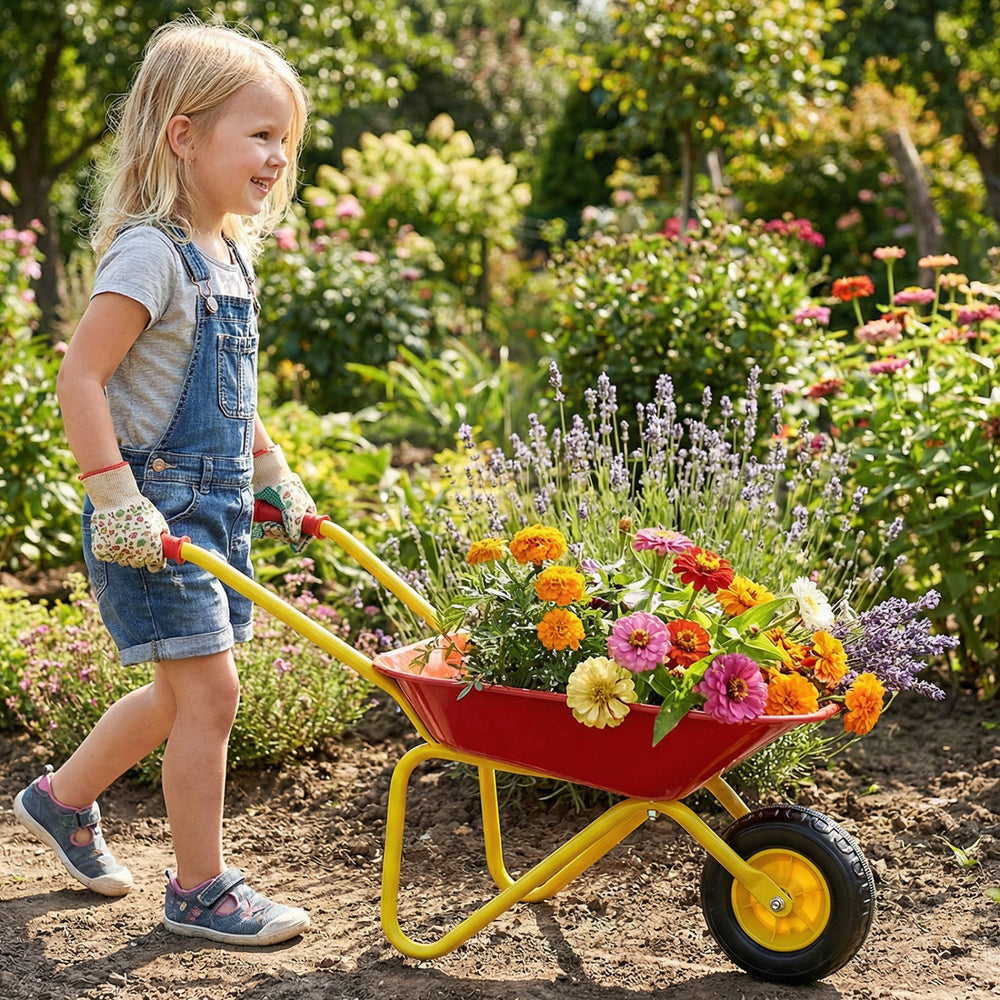 Child pushing a red kids wheelbarrow with flowers, featuring all-terrain wheels for outdoor fun and stability.