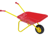 Kids wheelbarrow in red with yellow handles and all-terrain wheels, perfect for hauling toys and outdoor fun.