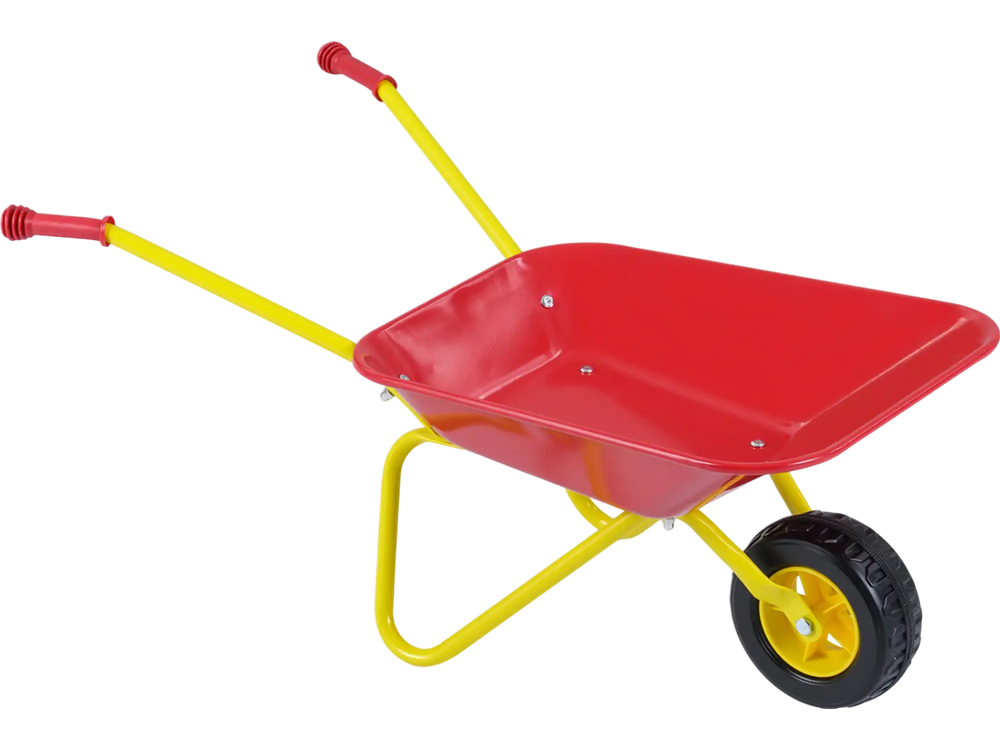 Kids wheelbarrow in red with yellow handles and all-terrain wheels, perfect for hauling toys and outdoor fun.