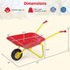 Kids wheelbarrow in red with all-terrain wheels, measuring 31"x18"x14", ideal for hauling toys and outdoor fun.