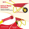 Kids wheelbarrow with red metal structure, anti-slip handles, and all-terrain wheels for hauling toys and leaves.