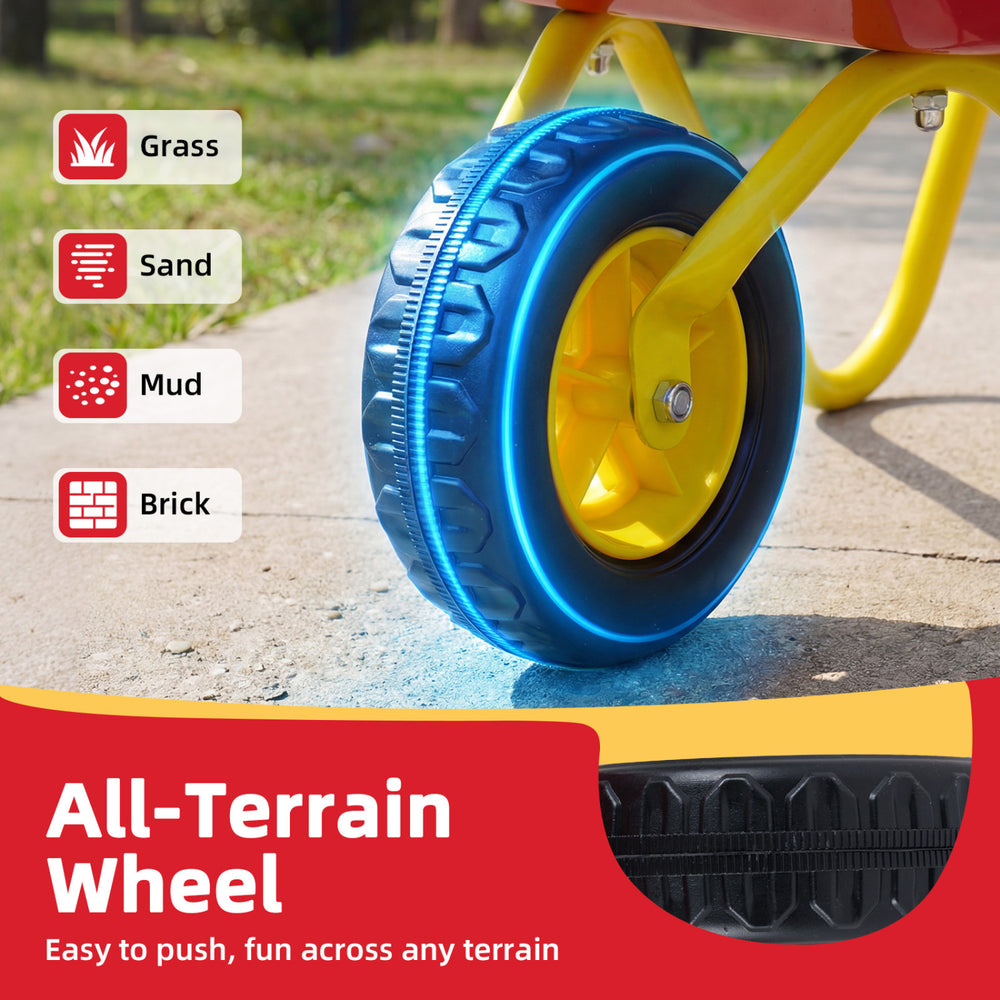 All-terrain wheel of the Kids Wheelbarrow, designed for stability on grass, sand, mud, and brick surfaces.