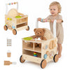 Wooden baby walker with wheels and storage, featuring engaging activities for toddlers aged 1+, perfect for learning play.