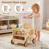 Wooden baby walker with wheels, storage, and engaging activities designed to promote normal leg development for toddlers.