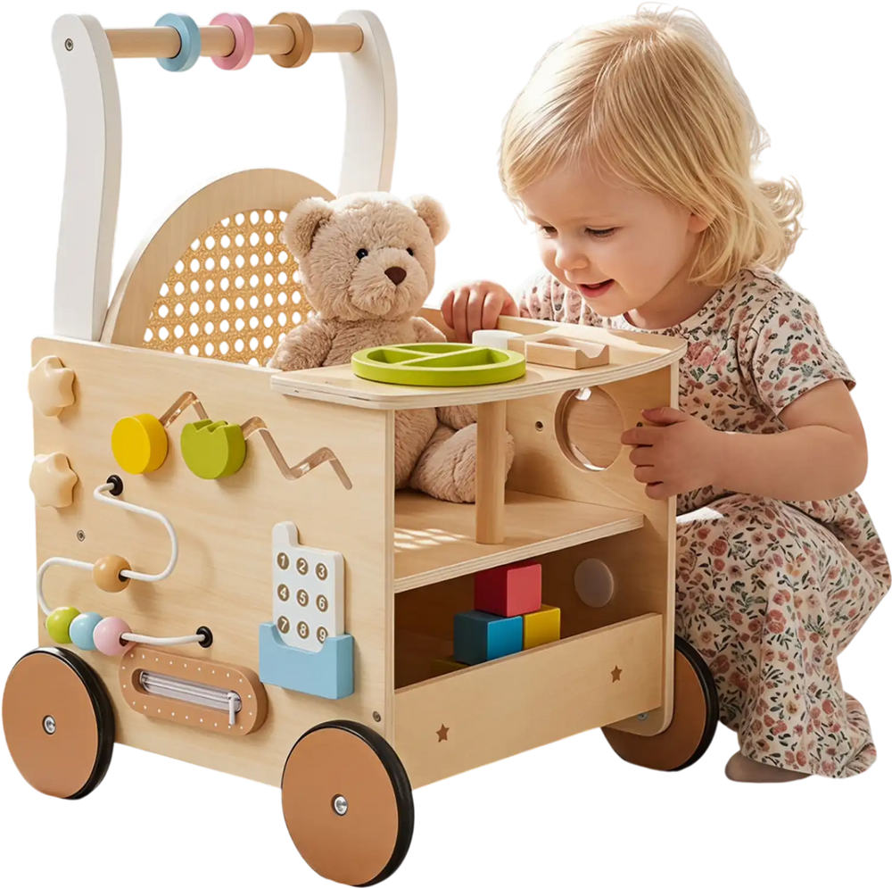 Wooden baby walker with wheels features engaging activities, storage, and a cozy seat for dolls, perfect for toddlers aged 1+.
