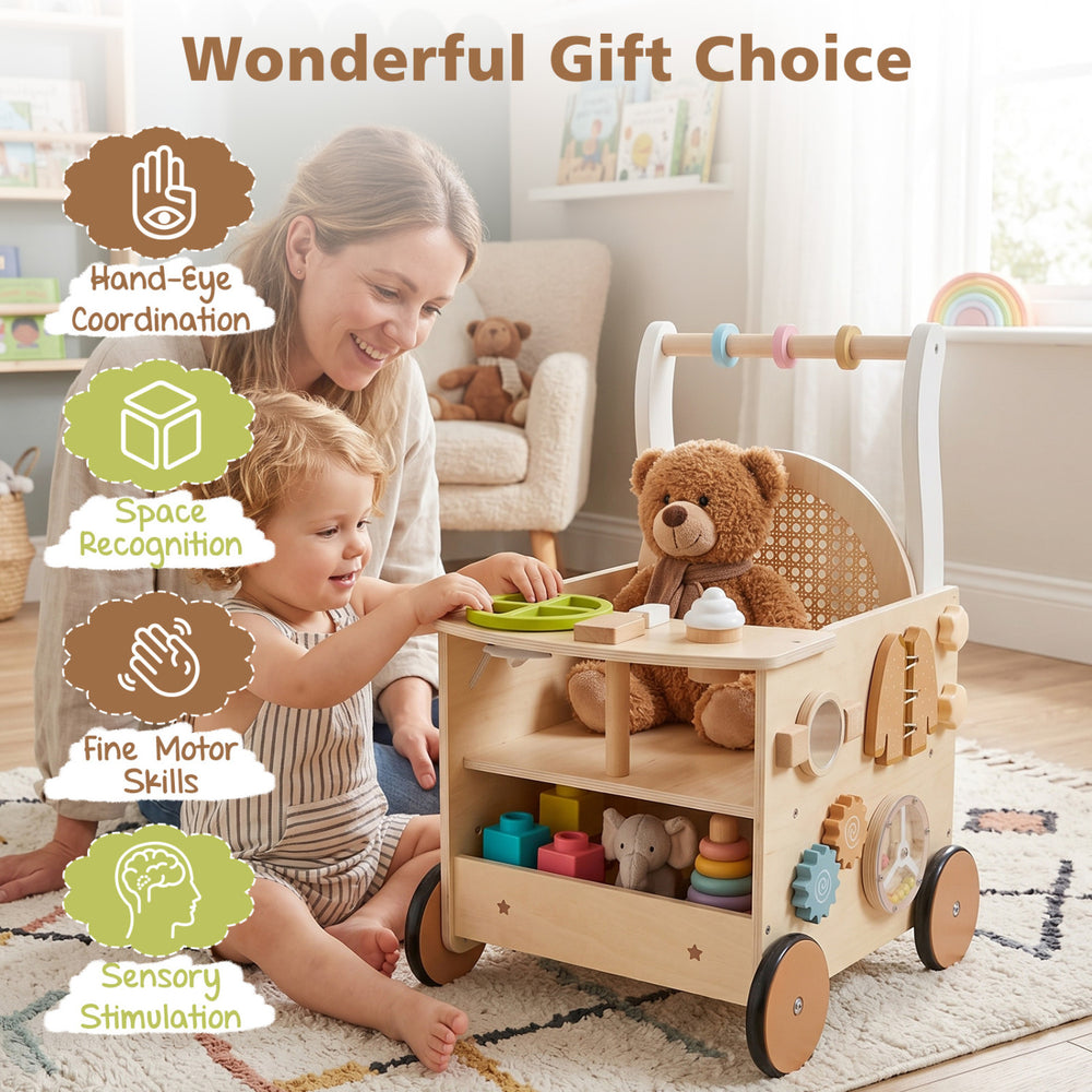 Wooden baby walker with storage and engaging activities, promoting fine motor skills and hand-eye coordination for toddlers.