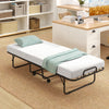Cot size folding bed frame with 4-inch memory foam mattress, metal frame, and wheels for easy storage and movement.