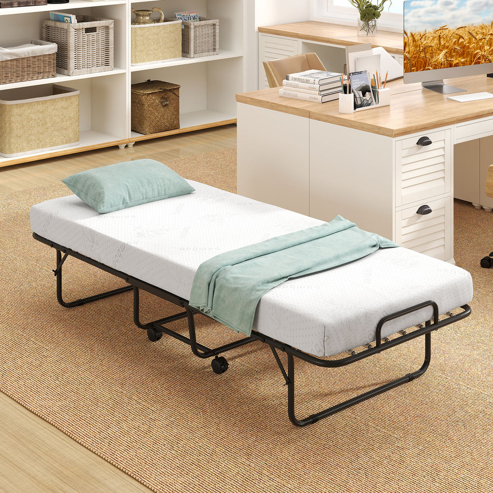 Cot size folding bed frame with 4-inch memory foam mattress, metal frame, and wheels for easy storage and movement.