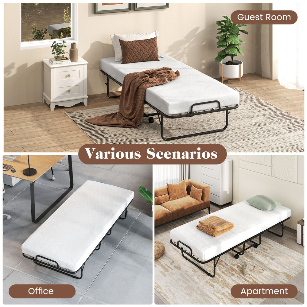 Folding bed frame with memory foam mattress in various settings: guest room, office, and apartment for versatile use.