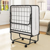 Folding bed frame with memory foam mattress, heavy-duty metal design, ideal for guest rooms or small spaces.