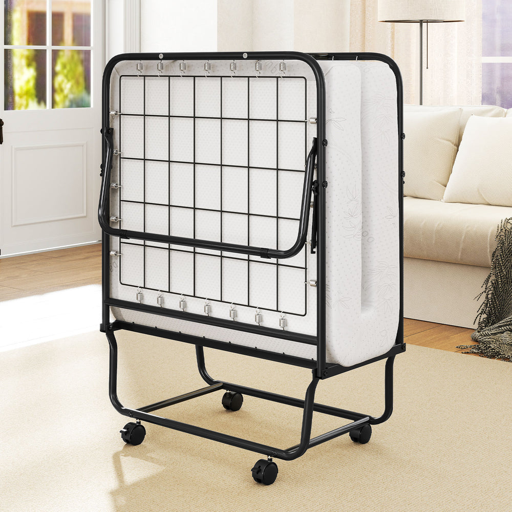Folding bed frame with memory foam mattress, heavy-duty metal design, ideal for guest rooms or small spaces.