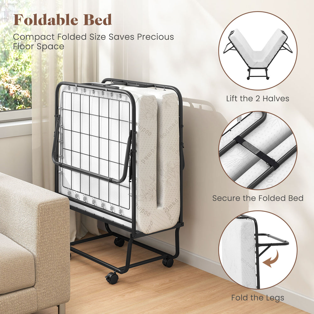 Cot size folding bed frame with memory foam mattress, compact design for easy storage and mobility, perfect for guest.