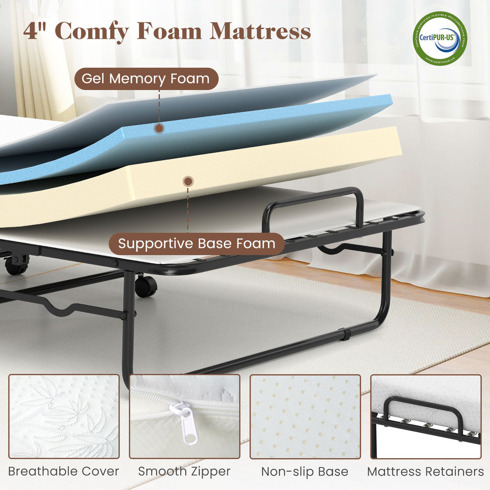 4-inch comfy foam mattress with gel memory foam and breathable cover, designed for a folding bed frame for versatile.