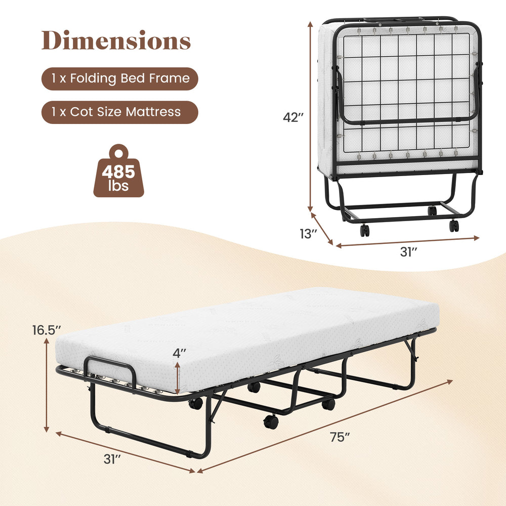 Cot size folding bed frame with 4-inch memory foam mattress, heavy-duty metal frame, ideal for guest rooms or.