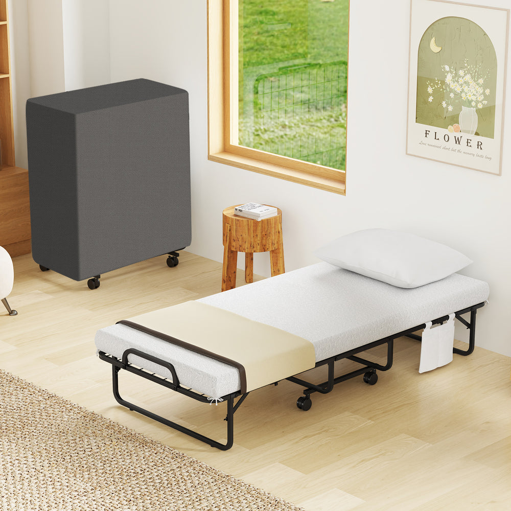 Narrow twin rollaway bed with memory foam mattress, soft pillow, and side organizer pocket for convenient storage.