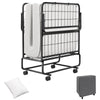 Narrow twin rollaway bed with memory foam mattress, side organizer pocket, and soft pillow for compact storage.
