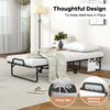 Cot size folding bed with memory foam mattress, featuring a side storage pocket and mattress retainer for stability.