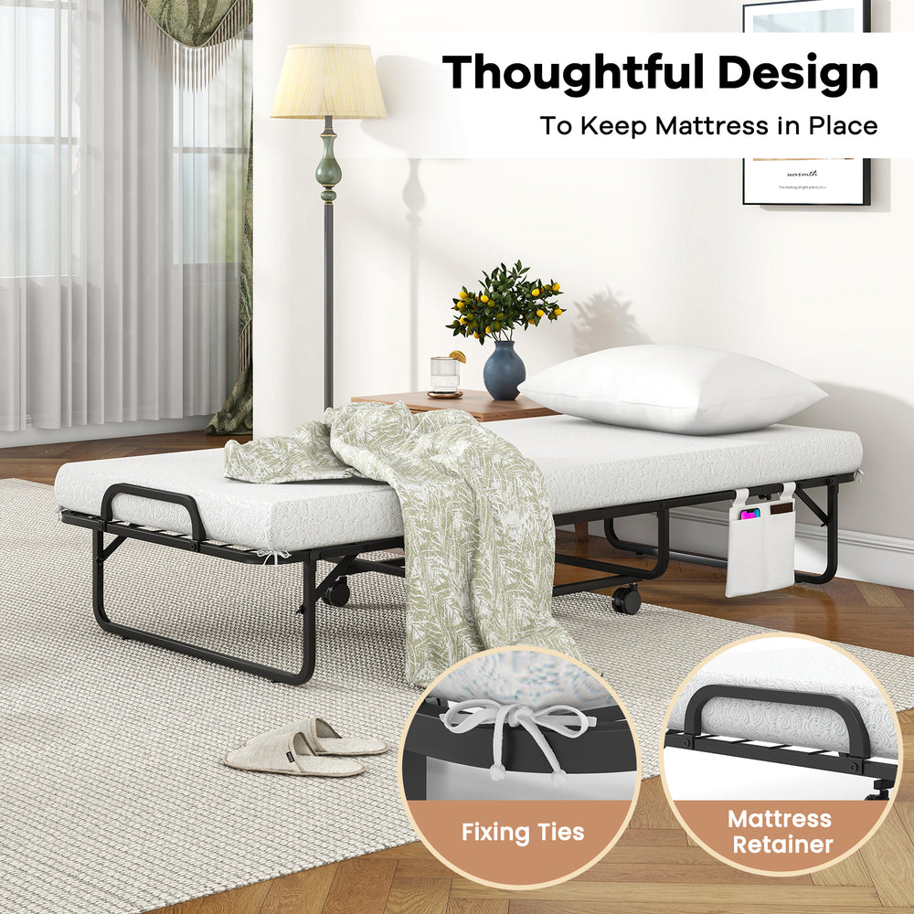 Cot size folding bed with memory foam mattress, featuring a side storage pocket and mattress retainer for stability.