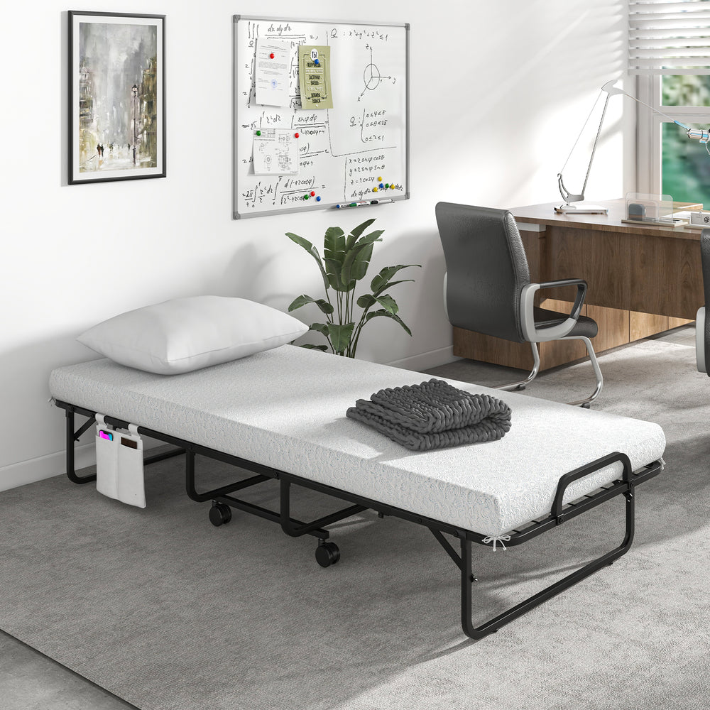 Cot size folding bed with memory foam mattress, showcasing a removable cover and under-bed clearance for storage.